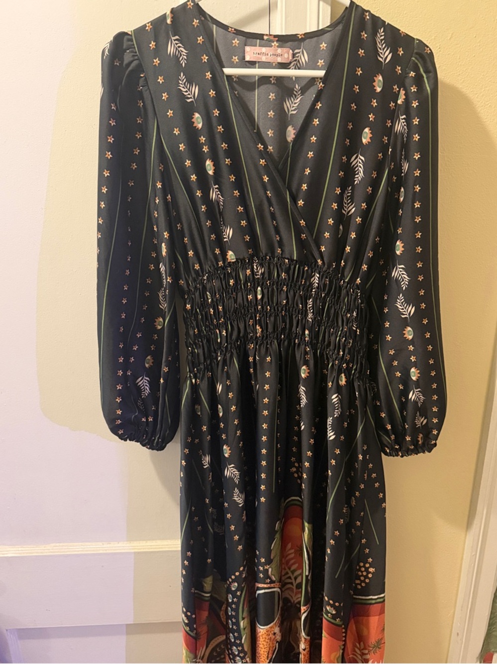 Traffic People Black Floral & Star Print Smocked Waist Maxi Dress